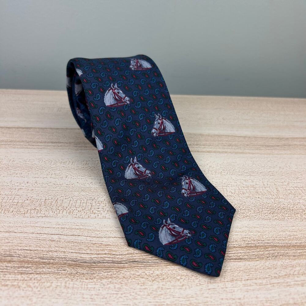 Etro Silk Necktie Horse Equestrian Navy Blue Paisley Boho Luxury Designer Tie